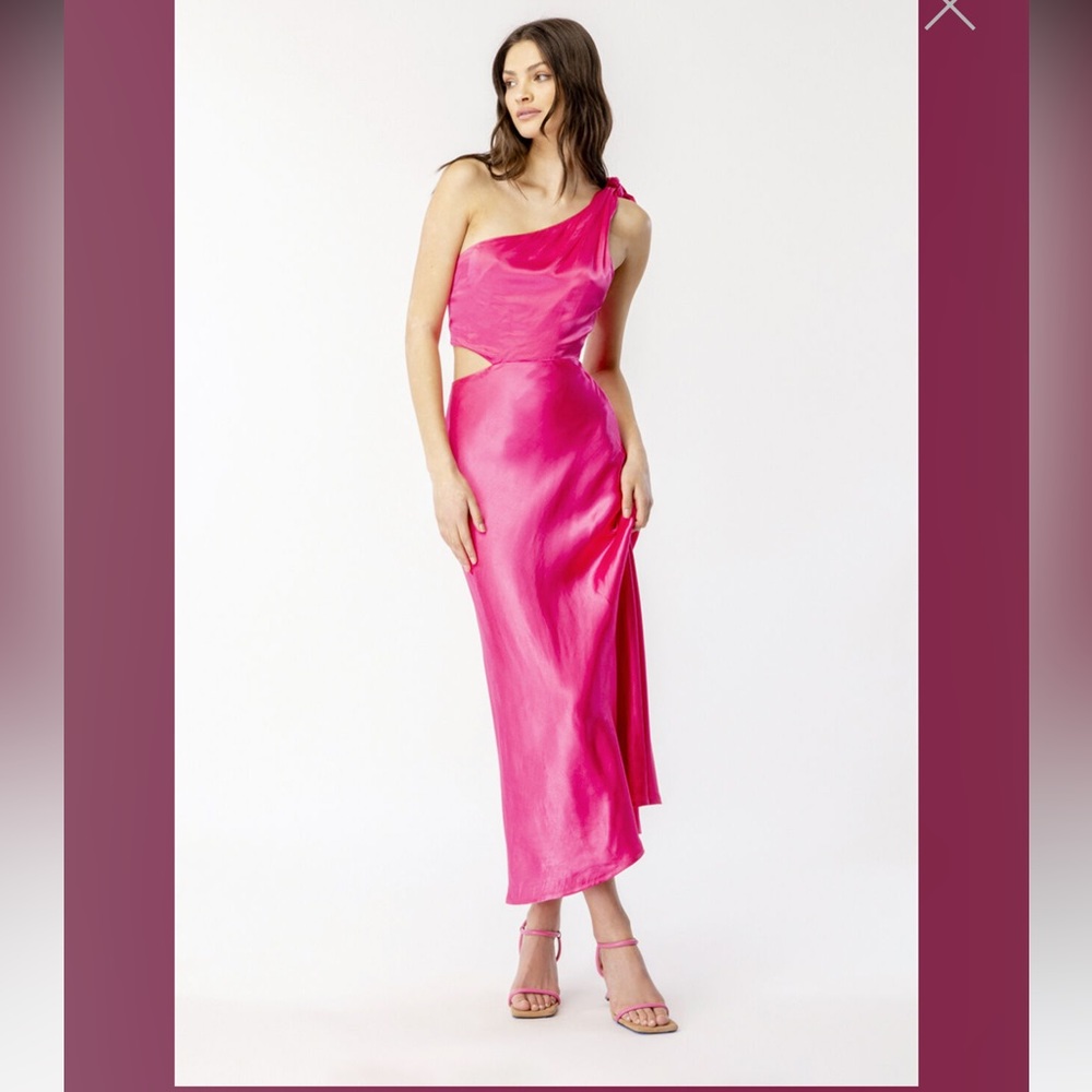 Hot pink satin one shoulder cut out Bardot Aubrey dress